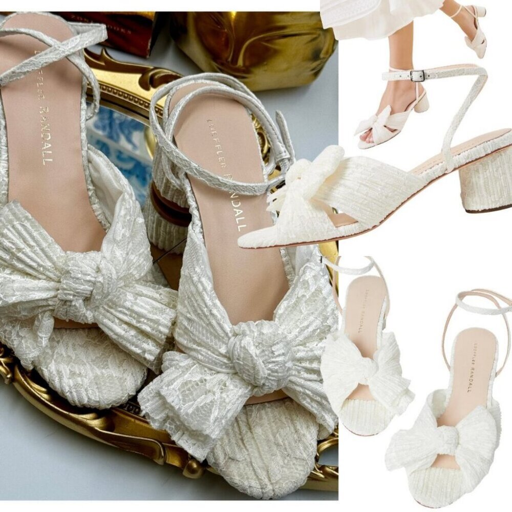 🆕 LOEFFLER RANDALL 🧿 NWOT Dahlia White Lace Bow Mid Heel, Sz 6